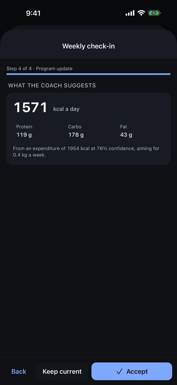 The weekly check-in suggesting 1571 kcal a day