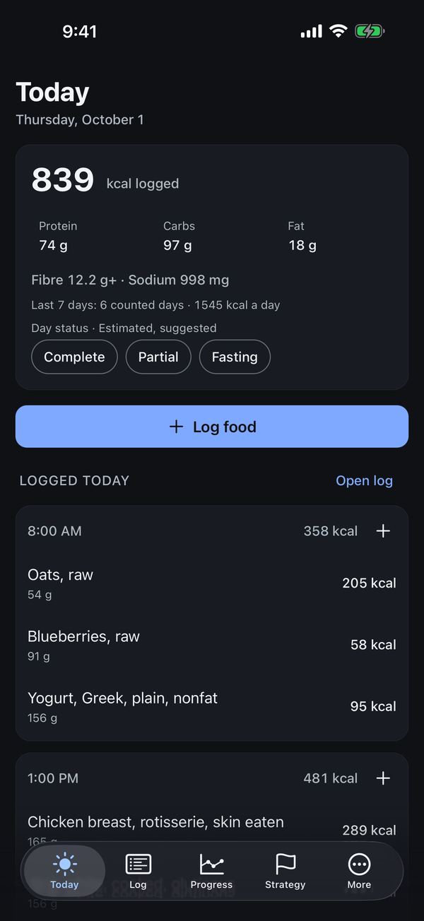 MacroCraft's Today screen: 839 kcal logged, protein, carbs and fat, and the day's meals